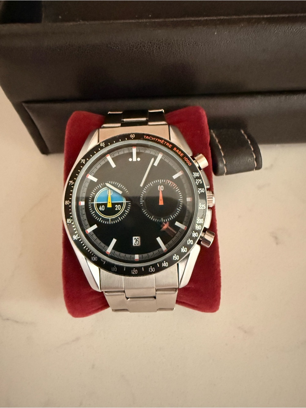 Men's Stainless Steel Black Chronograph Watch with Tachymeter